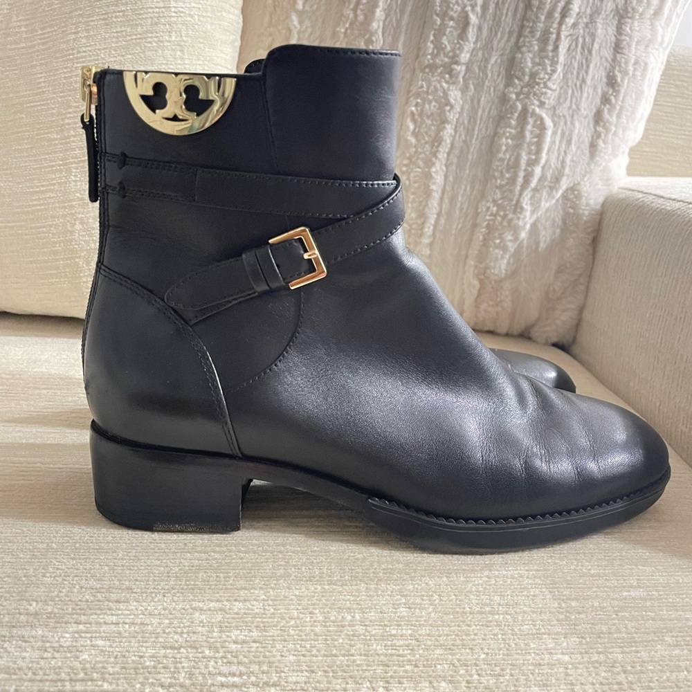 Tory Burch Sidney Black Leather Ankle Boots with Gold Accents
